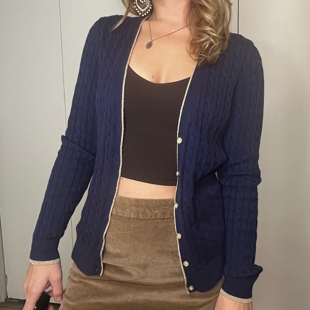 Lands End navy blue cable knit cardigan